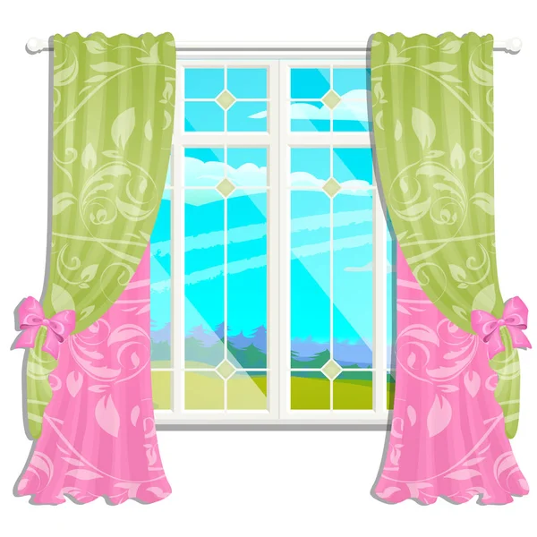 La finestra si affaccia sul prato soleggiato di erba verde in estate isolato su sfondo bianco. Interior design casa di campagna di lusso. Una bella giornata. Vettore close-up illustrazione cartone animato . — Vettoriale Stock