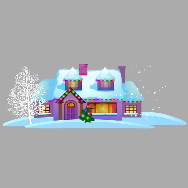 Уютный деревенский домик с светящимися окнами изолирован на сером фоне. Образец плаката, праздничное приглашение, праздничная открытка. Векторная иллюстрация крупным планом . — стоковый вектор