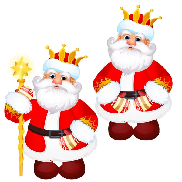 Забавный Санта Клаус в золотой королевской короне с золотым посохом, изолированным на белом фоне. Образец плаката, праздничное приглашение, праздничный баннер, открытка. Векторная иллюстрация крупным планом . — стоковый вектор