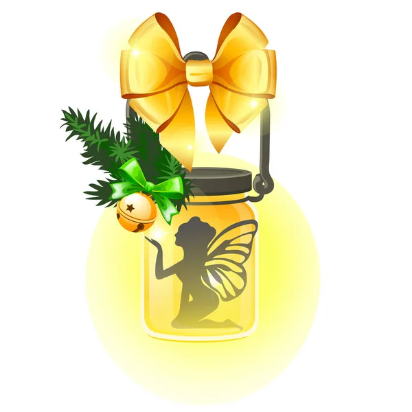 Dekorativa lampa form av glasburk med gyllene band båge, silhuett ängel isolerad på vit bakgrund. Urval av affisch, fest semester inbjudan, festligt kort. Vektor tecknad närbild illustration. — Stock vektor