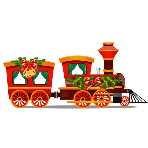 Little red train with wagons decorated red ribbon and Christmas decoration isolated on white background. Sample of poster, party holiday invitation, festive card. Vector cartoon close-up illustration. — Stock Vector