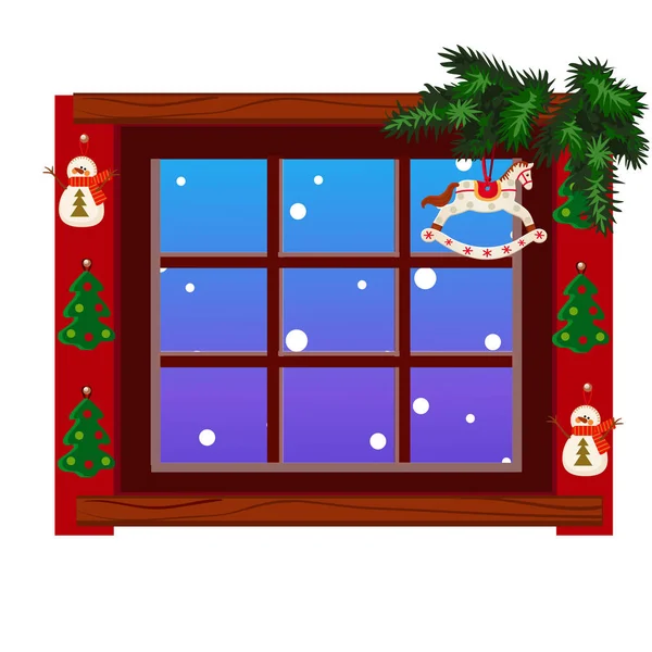 Gezellig interieur Home venster met decoraions en kerstballen geïsoleerd op witte achtergrond. Monster van Kerstmis poster, partij vakantie uitnodiging, feestelijke kaart. Vector cartoon close-up illustratie. — Stockvector