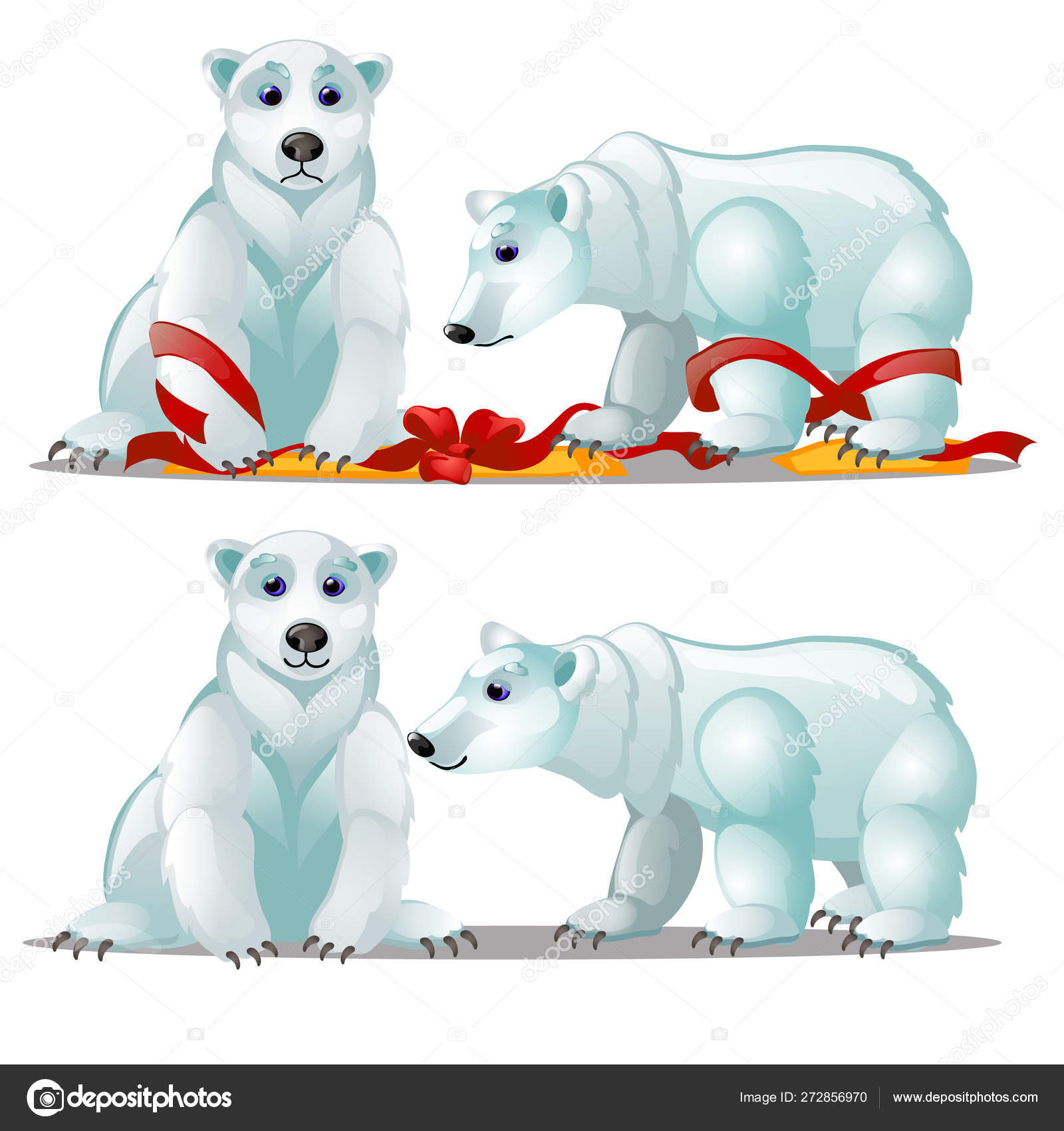 Et sett med animerte isbjørner og en rød sløyfe isolert på hvit bakgrunn.  Eksempel på plakat, juleinvitasjon, festkort. Tett illustrasjon av  vektortegninger . stockvektor © Anton_Lunkov #272856970, image size:1600x1700