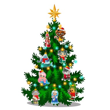 Beyaz arka plan üzerinde izole ünlü peri masalları karakterlerin renkli boyalı heykelcikler ile Yeşil Noel ağacı. Poster örneği, parti tatil davetiyesi, festival kartı. Vektör karikatür.