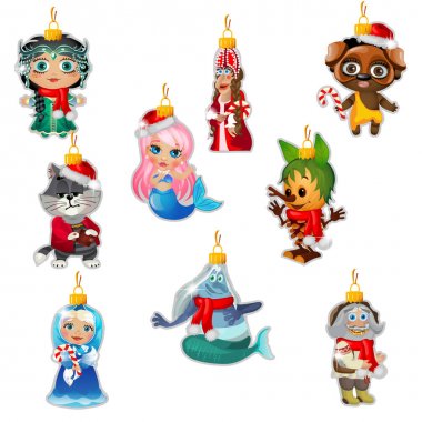 Set of colorful painted glass figurines characters of famous fairy tales isolated on white background. Sample of poster, party holiday invitation, festive card. Vector cartoon close-up illustration. clipart