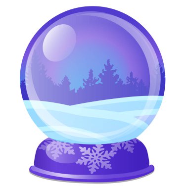 Çam ormanı beyaz arka plan üzerinde izole cam top şeklinde Noel hatıra. Poster örneği, parti tatil davetiyesi, festival kartı. Vektör karikatür yakın çekim illüstrasyon.