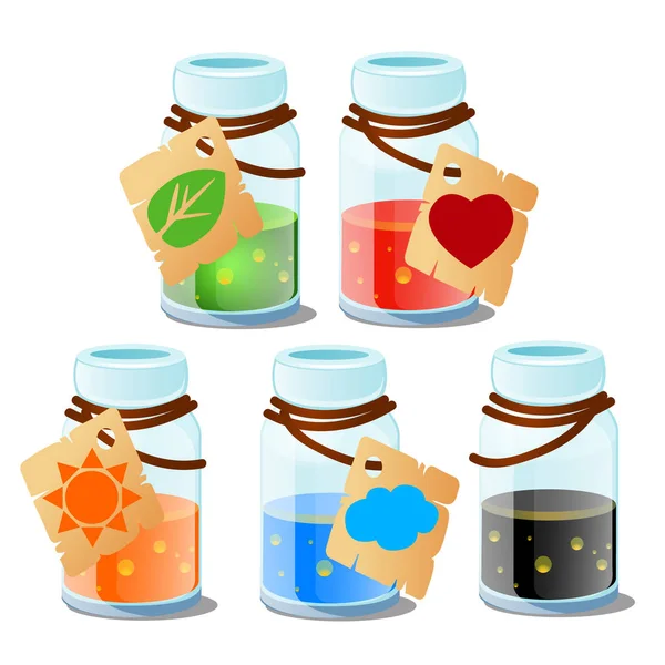 Set de frascos de vidrio con elixir mágico o aceite esencial, con etiqueta y etiqueta aislada sobre fondo blanco. ilustración de primer plano de dibujos animados vectoriales . — Vector de stock