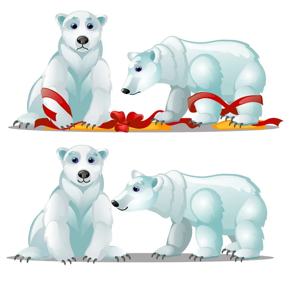 Eine Reihe animierter Eisbären und eine festliche Schleife aus rotem Band, isoliert auf weißem Hintergrund. Beispiel Poster, Party-Urlaubseinladung, Festkarte. Vektor-Karikatur in Nahaufnahme. — Stockvektor