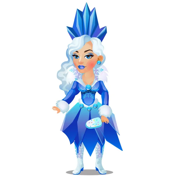 Gyönyörű fiatal szőke kék szemű animált lány hó leánykori a fagylaltot bár elszigetelt fehér háttérrel. Poszter, ünnepnap meghívó, ünnepi üdvözlőlap. Vektor rajzfilm közeli — Stock Vector
