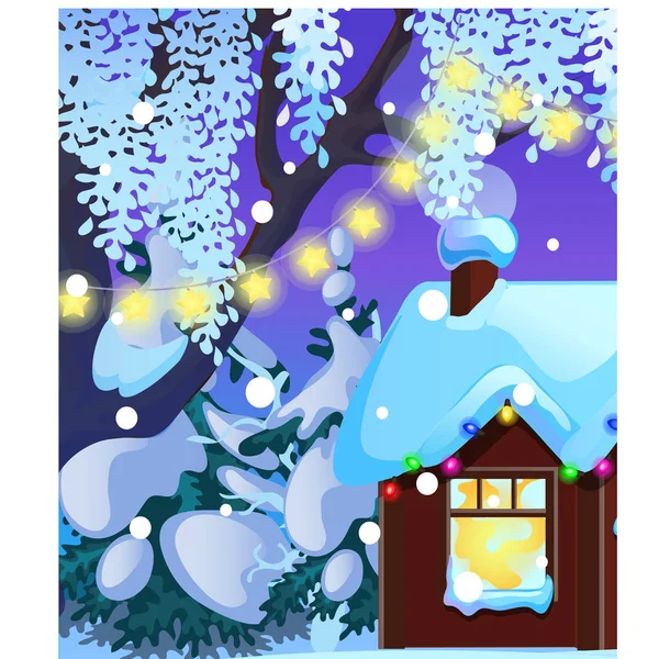 Poster met gezellige rustieke kleine jacht Lodge met gloeiende venster en kerstversiering, gloeiende Garland, Baubles. Monster van de poster, feest vakantie uitnodiging, feestelijke kaart. Vector cartoon close-up. — Stockvector