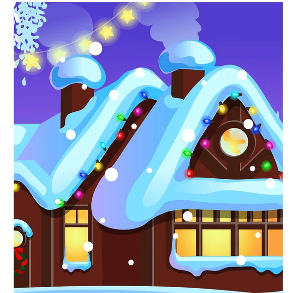 Уютные деревенские домики с светящимися окнами, гирляндами и рождественскими украшениями. Образец плаката, праздничное приглашение, праздничная открытка. Векторная иллюстрация крупным планом . — стоковый вектор