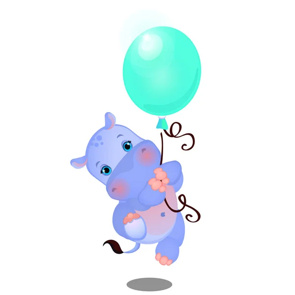 Niedliche animierte Baby-Nilpferd fliegt auf einem Ballon isoliert auf weißem Hintergrund. Beispiel Poster, Party-Urlaubseinladung, Festbanner, Karte. Vektor-Karikatur in Nahaufnahme. — Stockvektor