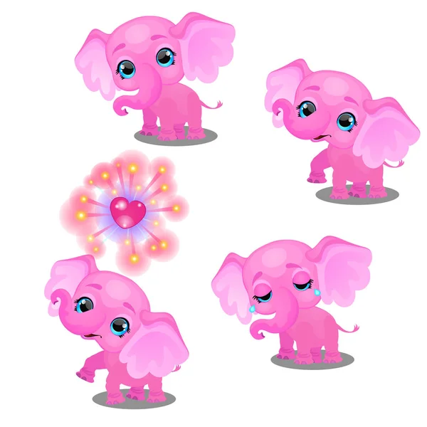 Der Satz von Emotionen ein wenig animierter rosa Elefant isoliert auf weißem Hintergrund. Beispiel Poster, Party-Urlaubseinladung, Festbanner, Karte. Vektor-Karikatur in Nahaufnahme. — Stockvektor