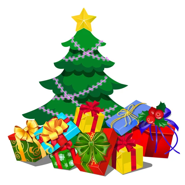 Weihnachtsbaum mit Dekorationen, Geschenkschachteln, Kugeln, Schleife isoliert auf weißem Hintergrund. Skizze von weihnachtlichem Festplakat, Party-Einladung, Urlaubskarte. Vektor-Karikatur in Nahaufnahme. — Stockvektor