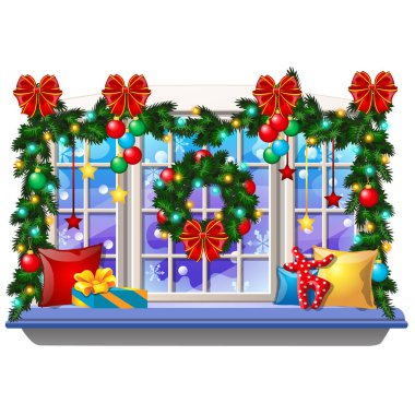 Cozy interior home window with decoraions and baubles isolated on white background. Sample of Christmas poster, party holiday invitation, festive card. Vector cartoon close-up illustration. clipart