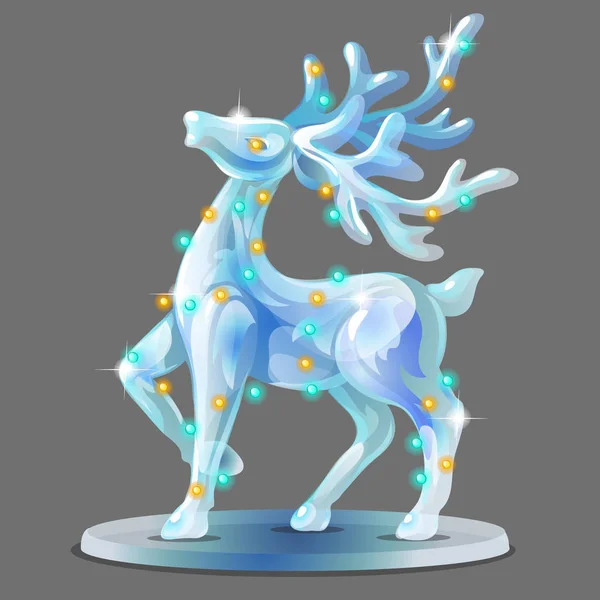 在灰色背景上孤立的鹿的冰雕像形式,装饰着发光的花环。海报样品,派对节日邀请函,节日贺卡。矢量卡通特写插图. — 图库矢量图片