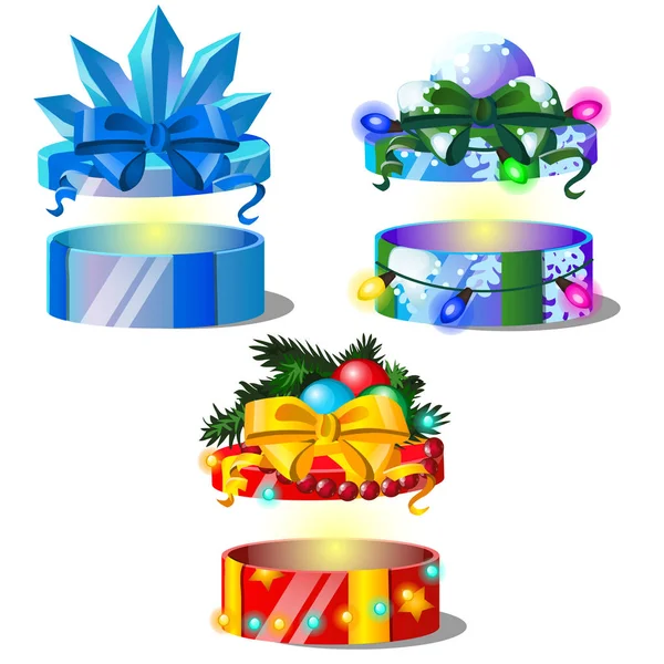 Set van geschenkdozen met lint Bow, kleurrijke gewikkeld papier, geïsoleerd op witte achtergrond. Schets voor wenskaart, feestelijke poster, uitnodiging voor feest. Attributen van Kerstmis en Nieuwjaar. Vector. — Stockvector