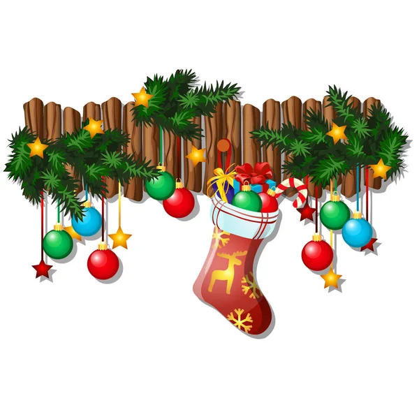 Weihnachtsdekor mit baumelnden Christbaumkugeln, Tannenzweigen, Socken mit Geschenken auf weißem Hintergrund. Beispiel Poster, Party-Urlaubseinladung, Festkarte. Vektor-Karikatur in Nahaufnahme. — Stockvektor
