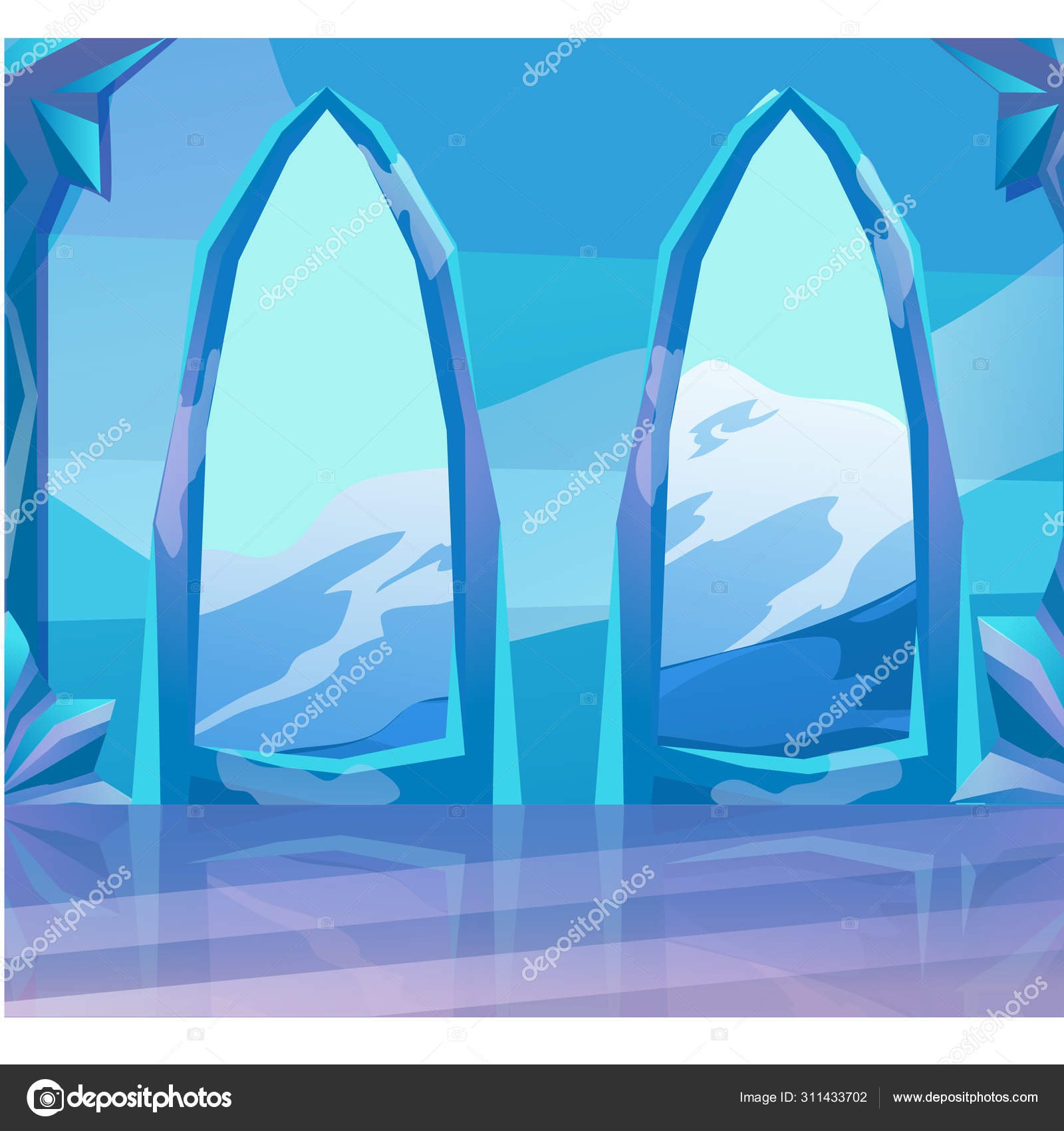 View through the arch of ice castle at landscape the nature views of snowy  mountains. Sketch for card, poster on theme of architecture and nature.  Cartoon vector close-up illustration. Stock Vector Image