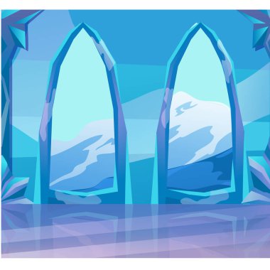 View through the arch of ice castle at landscape the nature views of snowy mountains. Sketch for card, poster on theme of architecture and nature. Cartoon vector close-up illustration.
