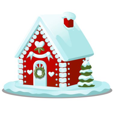 Şenlikli pasta evi olarak beyaz arka plan üzerinde izole Noel tarzında dekore edilmiş. Tatlı Festival hamur işleri. Kroki için tebrik kartı, Festival posteri. Kurabiye evi. Vektör çizgi film.