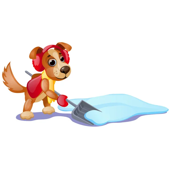 Cute animated dog with yellow scarf digging a snow with shovel isolated on white background. Sample of poster, party holiday invitation, festive card. Vector cartoon close-up illustration. — Stock vektor