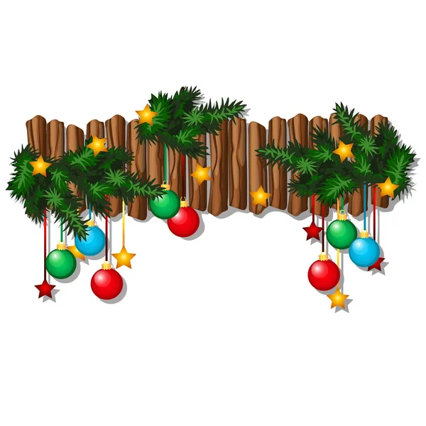 Décor de Noël mural avec des boules pendantes, branches de sapin, chaussette avec des cadeaux isolés sur fond blanc. Exemple d'affiche, invitation de fête, carte de fête. Illustration en gros plan de dessin animé vectoriel . — Image vectorielle