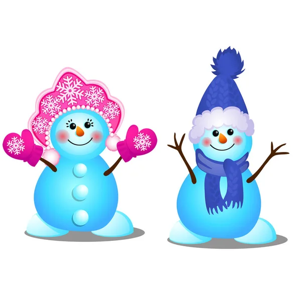 Cute bałwan i snowgirl uśmiecha się odizolowany na białym tle. Szkic świątecznego plakatu, zaproszenie na imprezę, inna kartka świąteczna. Wektor kreskówki zbliżenie ilustracja. — Wektor stockowy