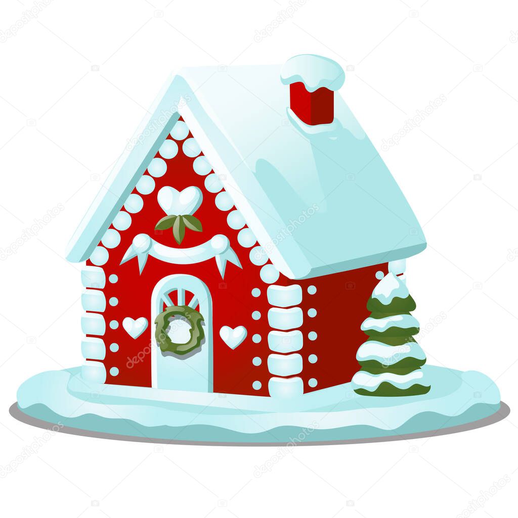 Festive cake in shape of village house decorated in Christmas style isolated on white background. Sweet festive pastries. Sketch for greeting card, festive poster. Gingerbread house. Vector cartoon.