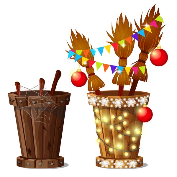 Havan topu Baba Yaga ve Noel süslemeleri beyaz arka planda izole edilmiş süpürge. Noel şenlik posteri, parti davetiyesi, diğer tatil kartları. Vektör karikatürü yakın çekim illüstrasyonu.