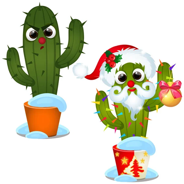 Set angry cactus and decorated with Christmas baubles isolated on a white background. Sketch of festive poster, party invitation, other holiday card. Vector cartoon close-up illustration. — Stock vektor