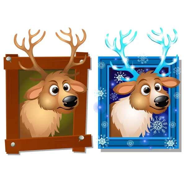 挂在墙上的图片在一个木制框架与鹿隔离在一个白色的背景。 圣诞招贴画，派对邀请函，其他节日卡片。 矢量漫画特写说明. — 图库矢量图片