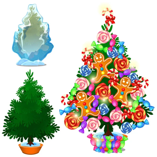 Set van kerstbomen in ijs en versierd met snoep en speelgoed geïsoleerd op een witte achtergrond. Schets van feestelijke poster, feestuitnodiging, andere vakantiekaart. Vector cartoon close-up illustratie. — Stockvector