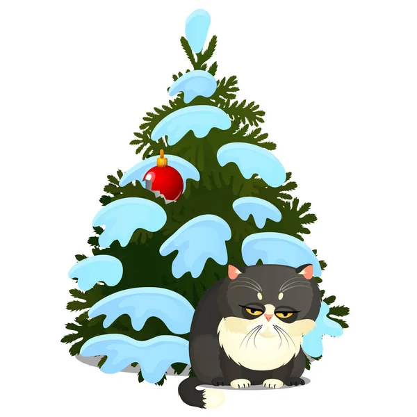 Sad guilty gray cat and broken toy on the Christmas tree isolated on a white background. Sketch of festive poster, party invitation, other holiday card. Vector cartoon close-up illustration. — Stock Vector