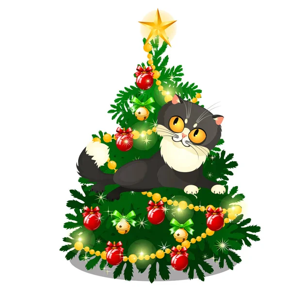 Vtipná animovaná kočka se žlutýma očima poskakující před vánočním stromečkem izolovaná na bílém pozadí. Náčrt slavnostního plakátu, pozvánka na večírek, vánoční přání. Vektorový kreslený obrázek zblízka. — Stockový vektor