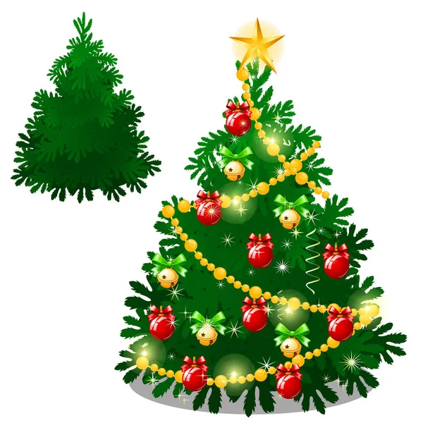 Sada prázdných a jasně zdobených vánočních stromků s ozdoby izolované na bílém pozadí. Náčrt slavnostního plakátu, pozvánka na večírek, další vánoční přání. Vektorový kreslený obrázek zblízka. — Stockový vektor