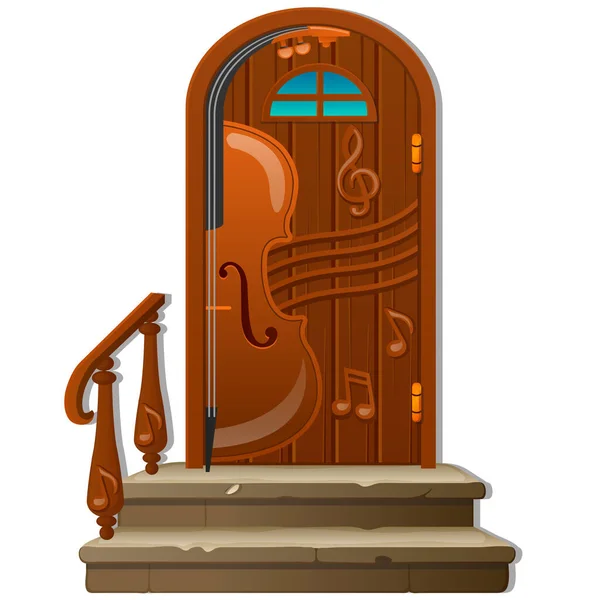 Old wooden door with porch and handrail isolated on white background. Sketch of festive poster, party invitation, other card. Interior in style of classical music. Vector cartoon close-up illustration — Stock vektor