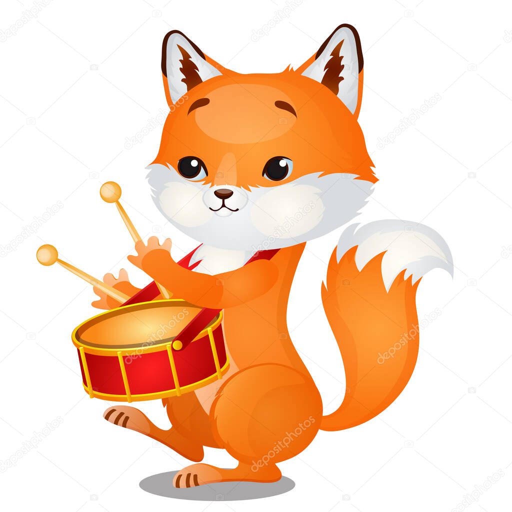 Small wild forest animal play on musical instrument. Fox with pioneer drum isolated on white background. Sketch of festive poster, party invitation, holiday card. Vector cartoon close-up illustration.
