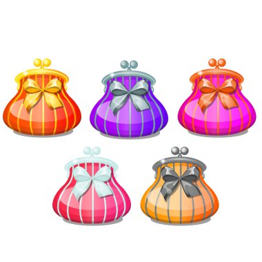 Beyaz arka planda izole edilmiş şeritli kozmetik çanta ya da kurdele yayı olan zarif bayanlar takımı. Vektör karikatürü yakın çekim illüstrasyonu.