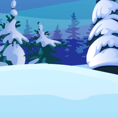 Kış kroki karlı Ladin ve ormandaki ağaç arka plan üzerinde. Noel ve yılbaşı tebrik kartı, Festival poster ya da parti davetiye örneği. Vektör çizim yakın çekim karikatür.