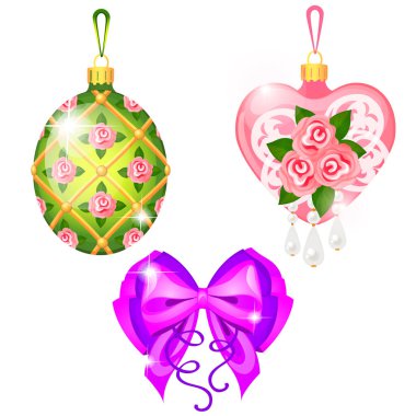 Noel ağacı süslemeleri ile farklı formlarda beyaz arka plan üzerinde izole kroki. Renkli festival cam baubles. Şablon afiş, davetiye, başka bir kart. Vektör karikatür yakın çekim Şekil.