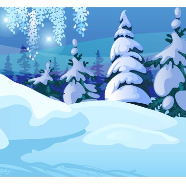 Kış kroki karlı Ladin ve ormandaki ağaç arka plan üzerinde. Noel ve yılbaşı tebrik kartı, Festival poster ya da parti davetiye örneği. Vektör çizim yakın çekim karikatür.