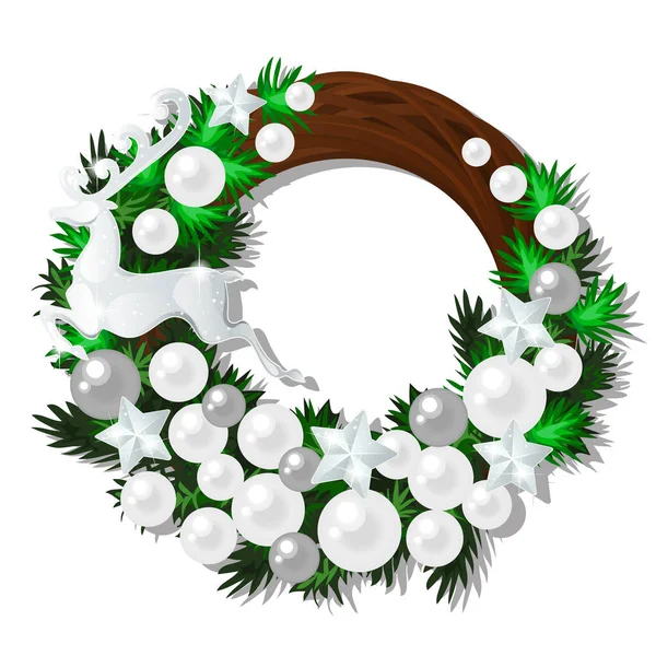 Wreath decorated with fir twigs, pearl deer, beads, stars isolated on white background. Sketch of Christmas festive poster, party invitation, other holiday card. Vector cartoon close-up illustration. — 스톡 벡터
