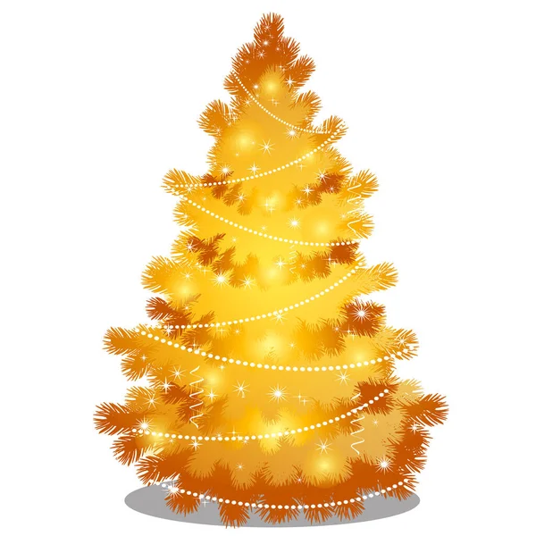 Golden Christmas tree with beads and sparkling flecks isolated on white background. Sketch of Christmas festive poster, party invitation, other holiday card. Vector cartoon close-up illustration. — Stock Vector