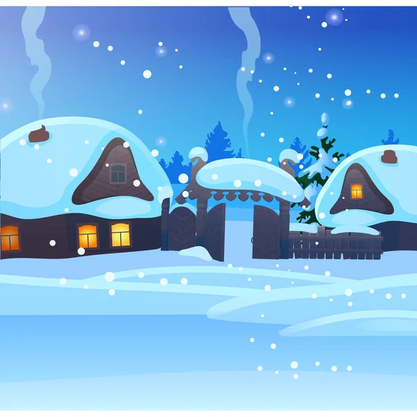Parlak pencereli küçük kır evleri olan Noel posteri için çizim. Bayram kartı için bir şablon. Karlı kış manzarası, gece kar yağışı, şenlik havası. Vektör karikatürü. — Stok Vektör
