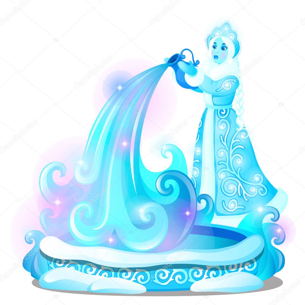 Ice sculpture in the form of a maiden poured the water into the well isolated on white background. Sketch of Christmas festive poster, party invitation, other holiday card. Vector cartoon close-up.