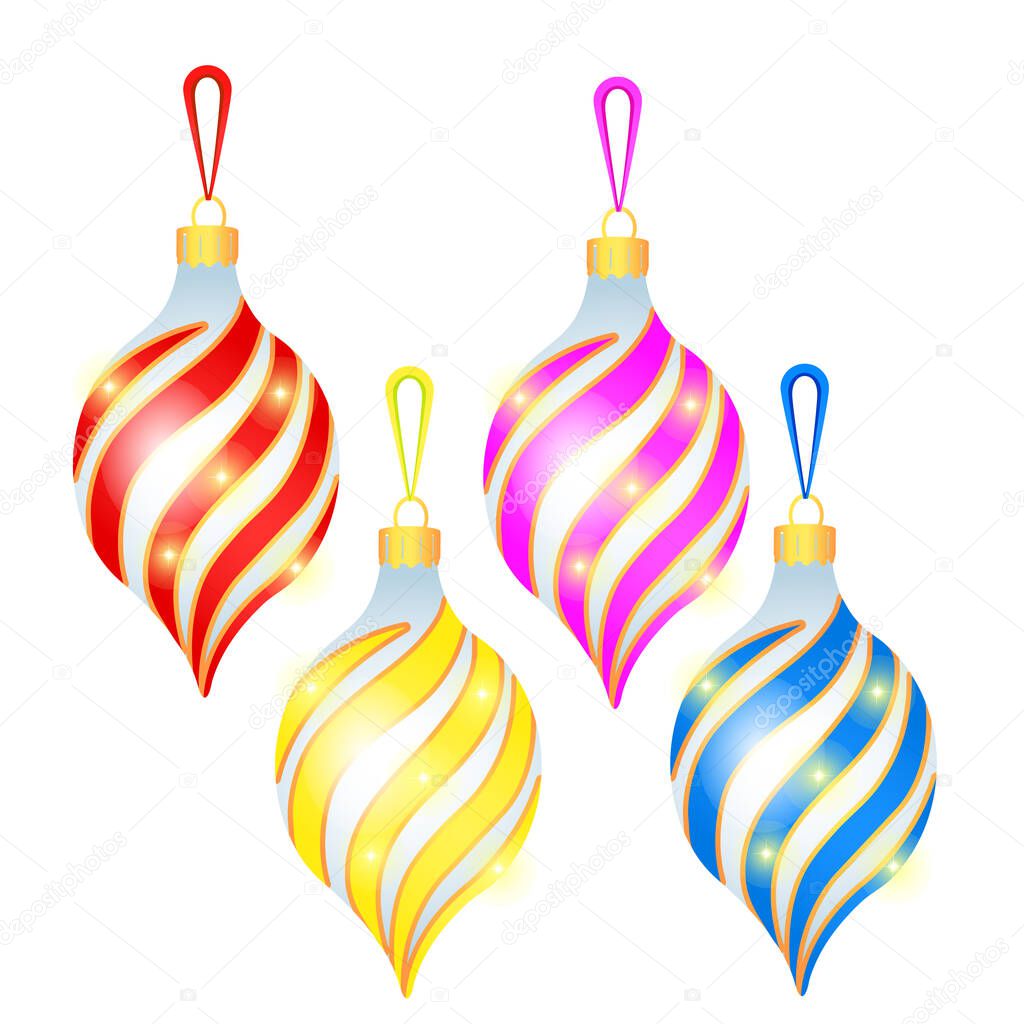 Sketch with Christmas tree decorations different forms isolated on white background. Colorful festive glass baubles. Template of poster, invitation, other card. Vector cartoon close-up illustration.