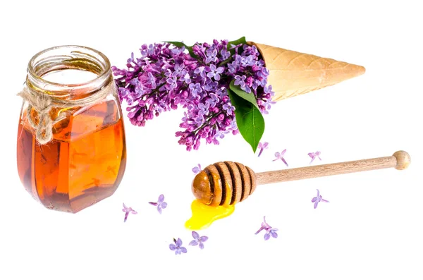 유기농 벌 꿀 유리 항아리, 보라색 라일락 — 스톡 사진