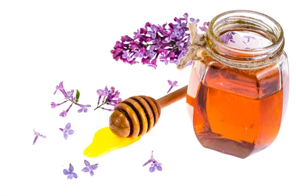 有机蜂蜜在玻璃罐子, 紫丁香 — 图库照片