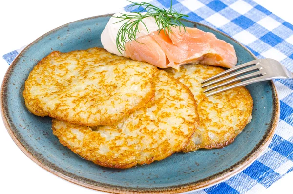 Potato pancakes, cheese, salmon — Stock Photo, Image
